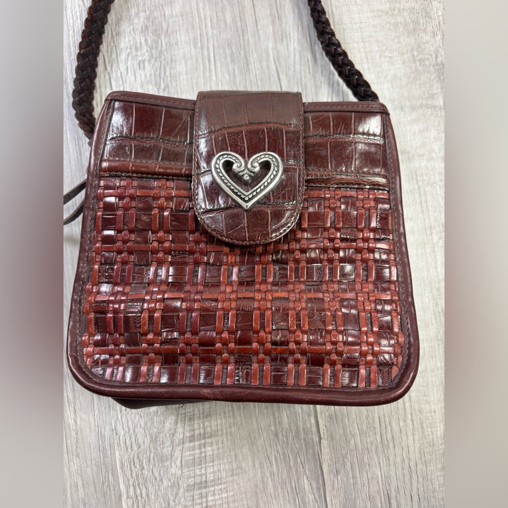 Brighton Gloria Mahogany Brown Croc Embossed Woven Leather Bucket Crossbody Bag - Picture 2 of 10